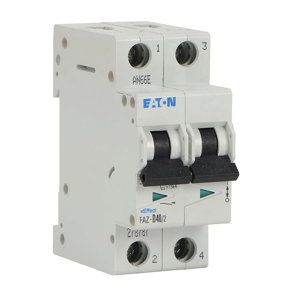 FAZ-D40-2 - Eaton miniature supplementary protector, 40A, 480Y/277 VAC/96 VDC, 2-pole, D curve, thermal magnetic, 5kA @ 480Y/277 VAC interrupting rating, 35mm DIN rail mount.