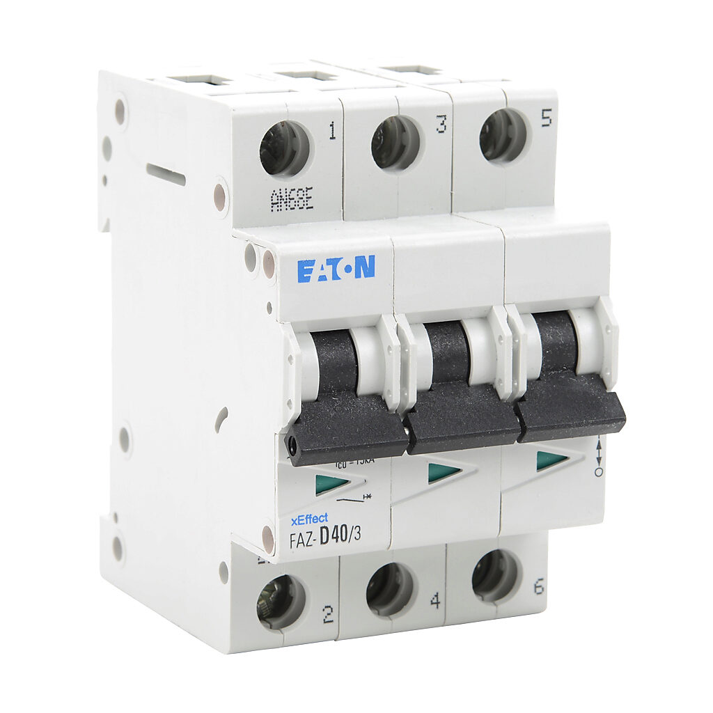 FAZ-D40-3 - Eaton miniature supplementary protector, 40A, 480Y/277 VAC/96 VDC, 3-pole, D curve, thermal magnetic, 5kA @ 480Y/277 VAC interrupting rating, 35mm DIN rail mount.
