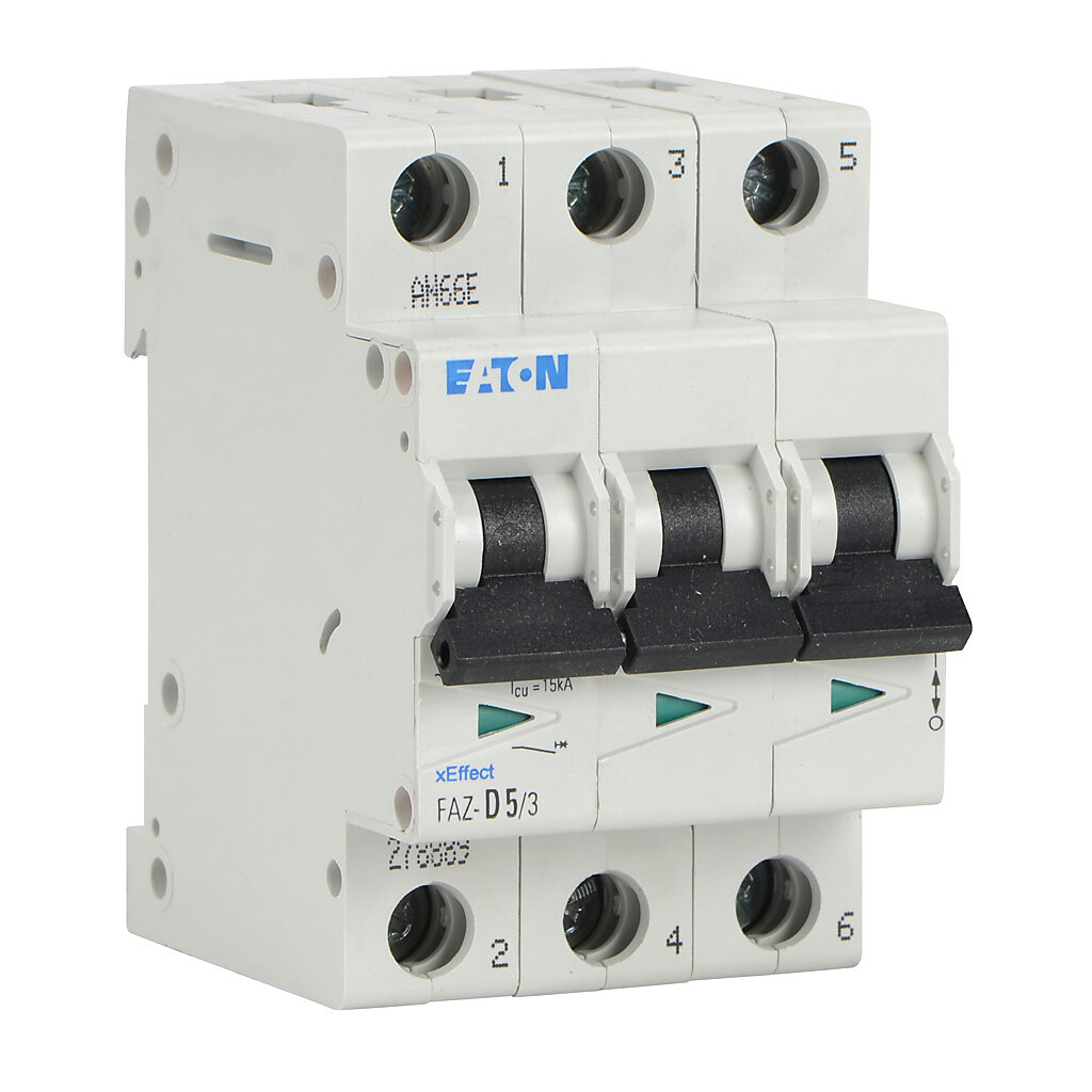 FAZ-D5-3 - Eaton miniature supplementary protector, 5A, 480Y/277 VAC/96 VDC, 3-pole, D curve, thermal magnetic, 5kA @ 480Y/277 VAC interrupting rating, 35mm DIN rail mount.