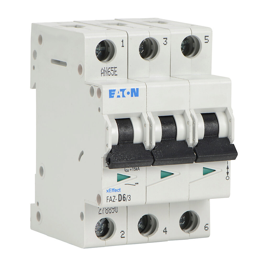 FAZ-D6-3 - Eaton miniature supplementary protector, 6A, 480Y/277 VAC/96 VDC, 3-pole, D curve, thermal magnetic, 5kA @ 480Y/277 VAC interrupting rating, 35mm DIN rail mount.