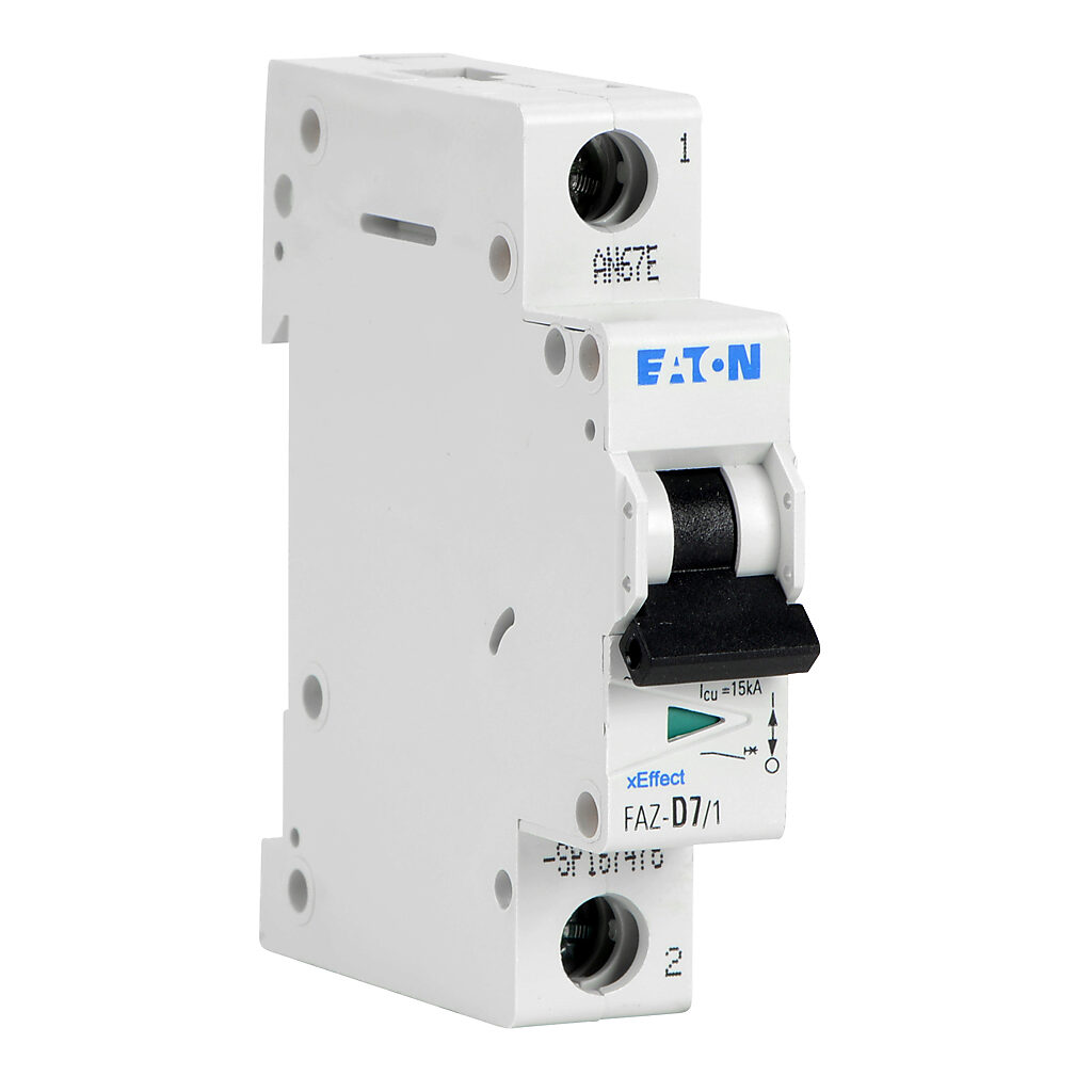 FAZ-D7-1-SP - Eaton miniature supplementary protector, 7A, 277 VAC/48 VDC, 1-pole, D curve, thermal magnetic, 5kA @ 277 VAC interrupting rating, 35mm DIN rail mount.