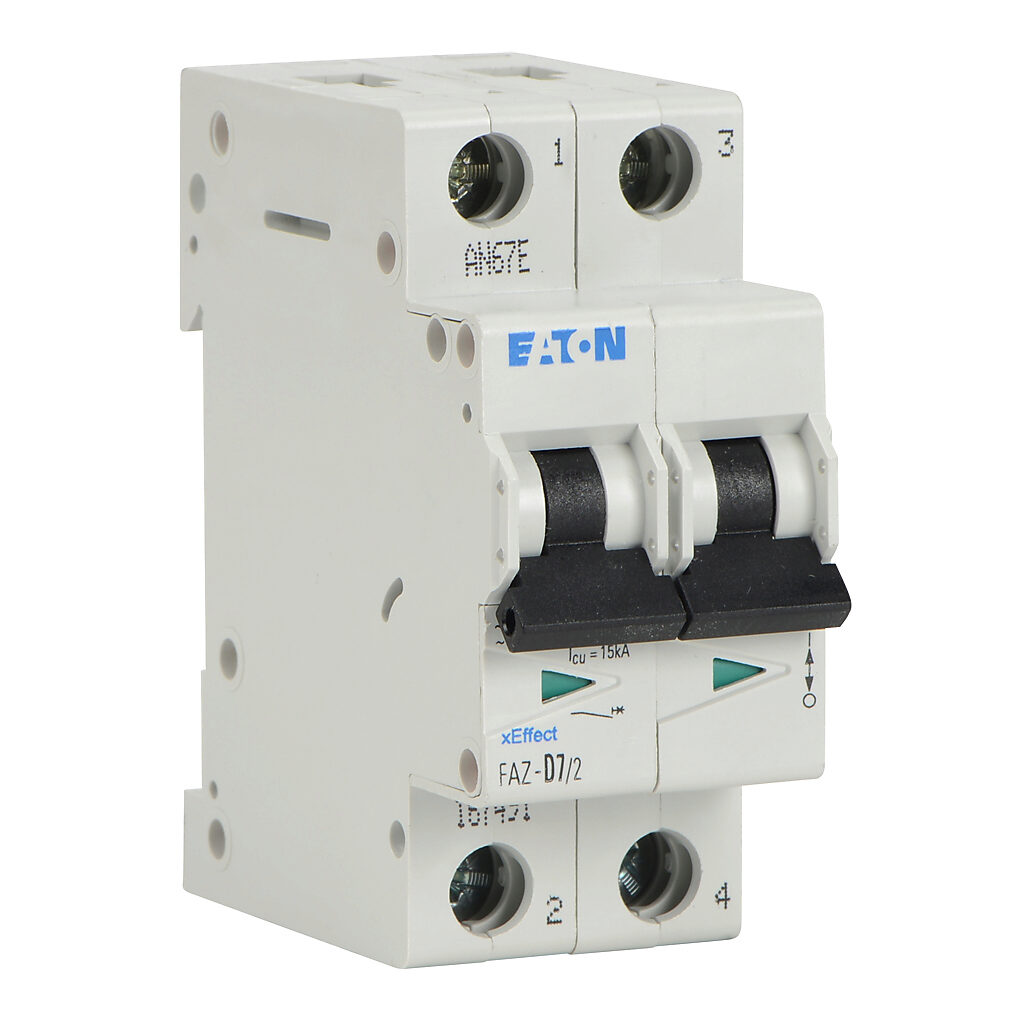 FAZ-D7-2 - Eaton miniature supplementary protector, 7A, 480Y/277 VAC/96 VDC, 2-pole, D curve, thermal magnetic, 5kA @ 480Y/277 VAC interrupting rating, 35mm DIN rail mount.
