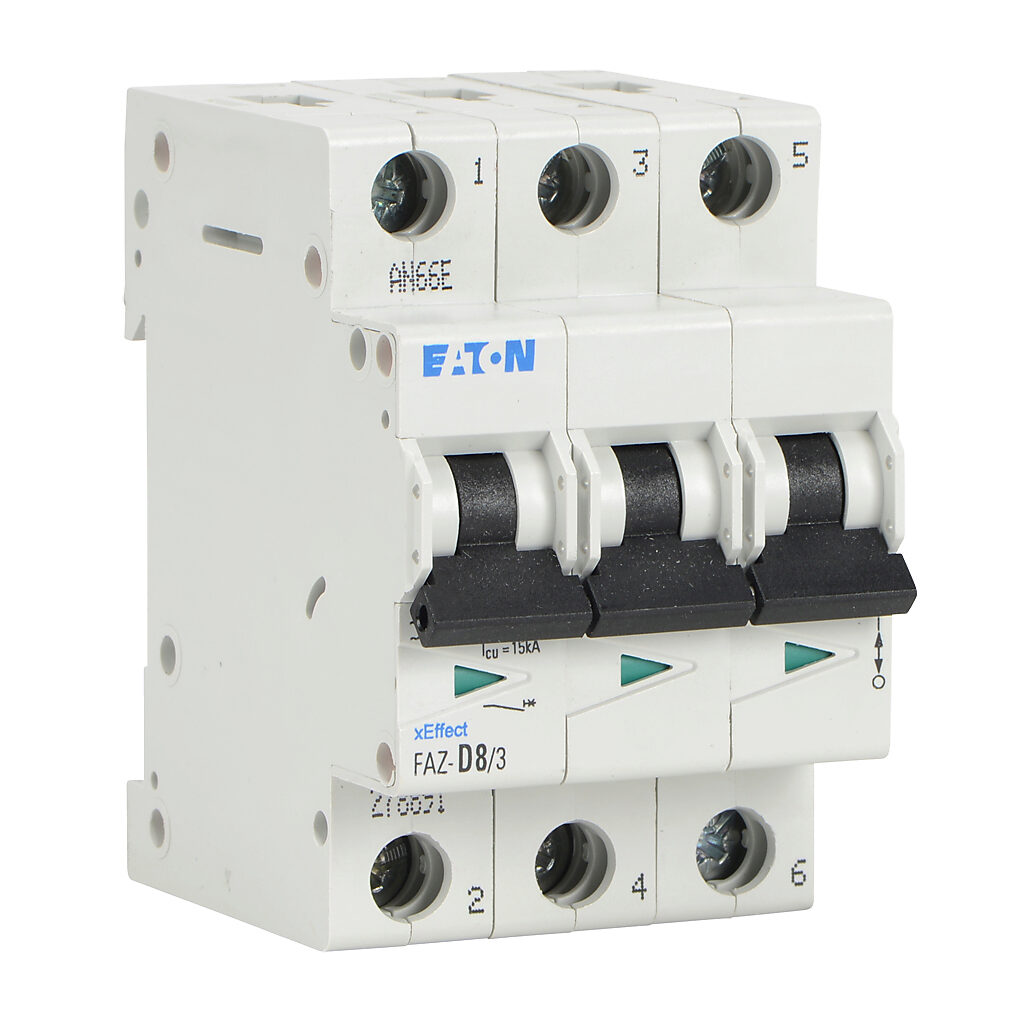 FAZ-D8-3 - Eaton miniature supplementary protector, 8A, 480Y/277 VAC/96 VDC, 3-pole, D curve, thermal magnetic, 5kA @ 480Y/277 VAC interrupting rating, 35mm DIN rail mount.
