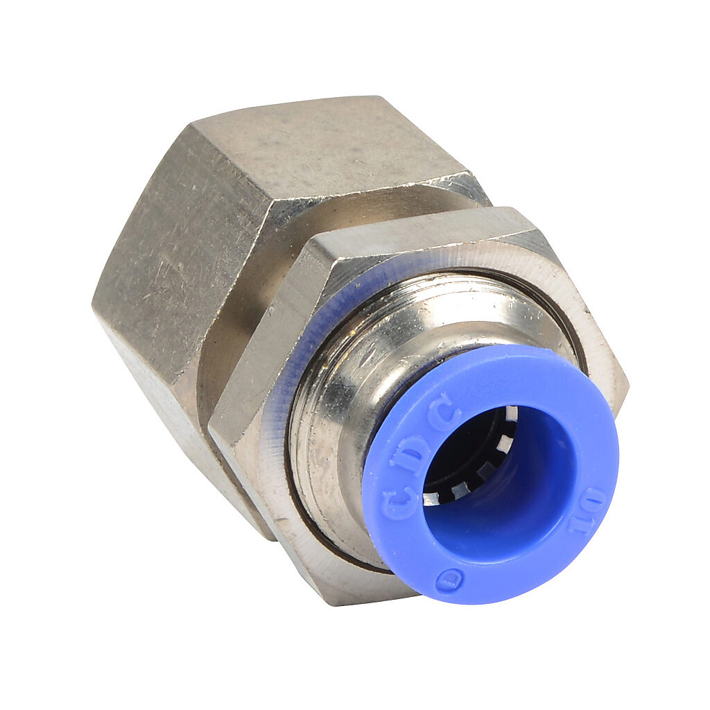 FB10M-12R - NITRA pneumatic push-to-connect fitting, bulkhead, nickel-plated brass body, nickel-plated brass threads, (1) R1/2 female BSPT to (1) 10mm push-to-connect. Package of 5.