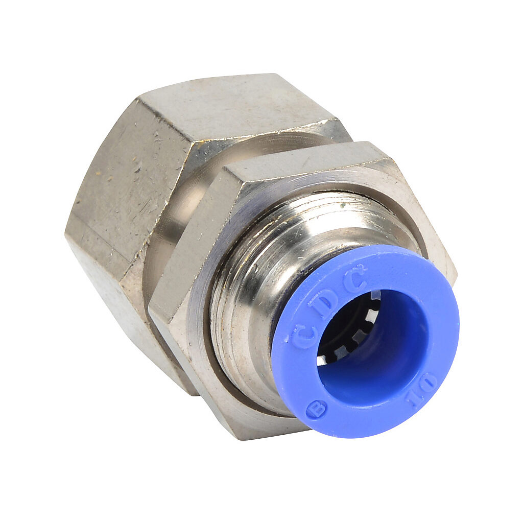 FB10M-14R - NITRA pneumatic push-to-connect fitting, bulkhead, nickel-plated brass body, nickel-plated brass threads, (1) R1/4 female BSPT to (1) 10mm push-to-connect. Package of 5.