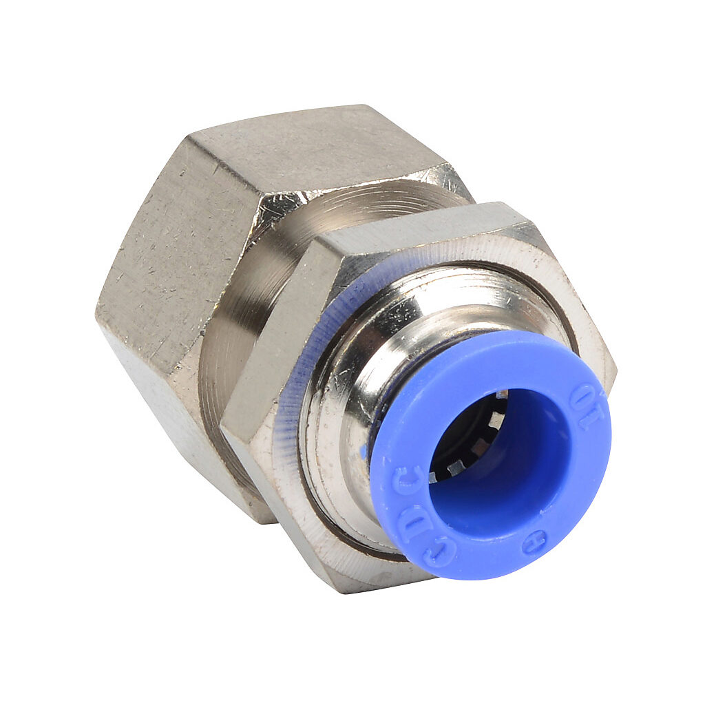 FB10M-18R - NITRA pneumatic push-to-connect fitting, bulkhead, nickel-plated brass body, nickel-plated brass threads, (1) R1/8 female BSPT to (1) 10mm push-to-connect. Package of 5.