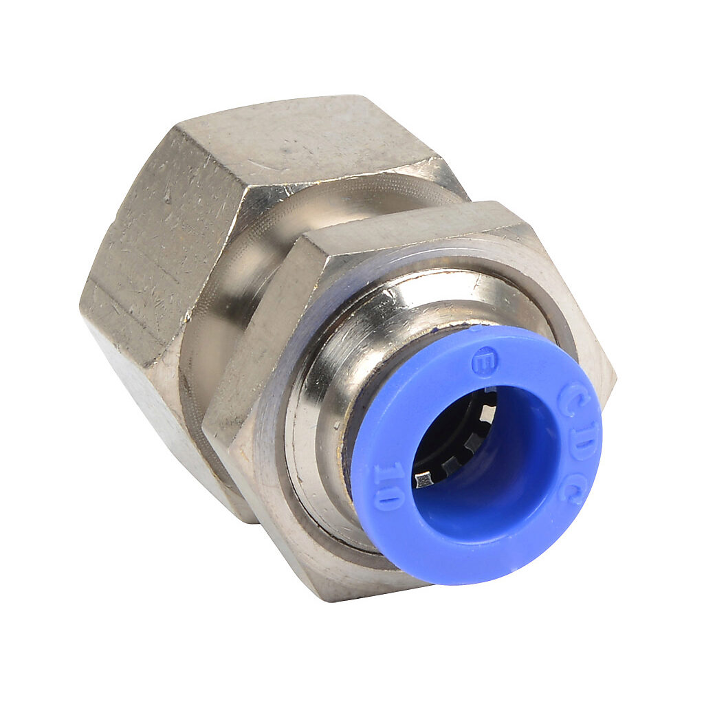 FB10M-38R - NITRA pneumatic push-to-connect fitting, bulkhead, nickel-plated brass body, nickel-plated brass threads, (1) R3/8 female BSPT to (1) 10mm push-to-connect. Package of 5.
