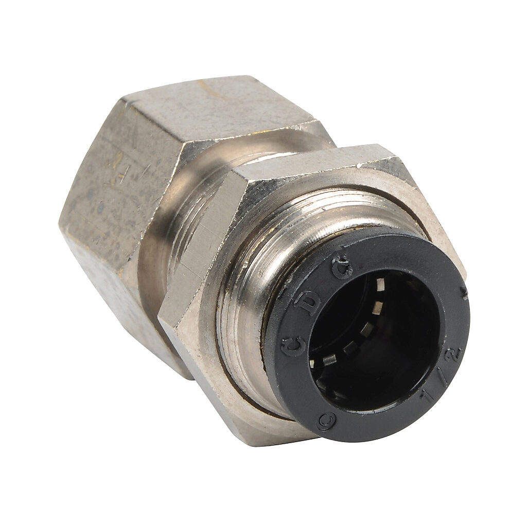 FB12-14N - NITRA pneumatic push-to-connect fitting, bulkhead, nickel-plated brass body, nickel-plated brass threads, (1) 1/4in female NPT to (1) 1/2in push-to-connect. Package of 5.
