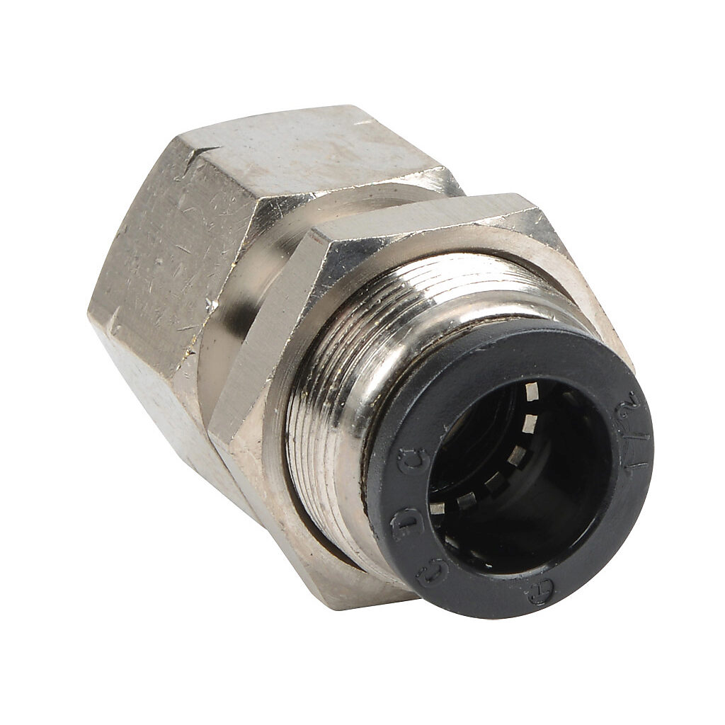 FB12-38N - NITRA pneumatic push-to-connect fitting, bulkhead, nickel-plated brass body, nickel-plated brass threads, (1) 3/8in female NPT to (1) 1/2in push-to-connect. Package of 5.