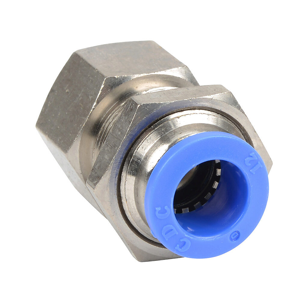 FB12M-12R - NITRA pneumatic push-to-connect fitting, bulkhead, nickel-plated brass body, nickel-plated brass threads, (1) R1/2 female BSPT to (1) 12mm push-to-connect. Package of 5.