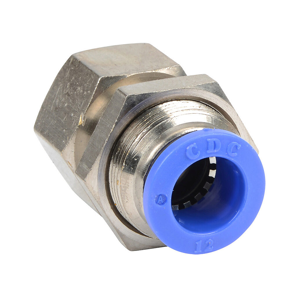 FB12M-14R - NITRA pneumatic push-to-connect fitting, bulkhead, nickel-plated brass body, nickel-plated brass threads, (1) R1/4 female BSPT to (1) 12mm push-to-connect. Package of 5.