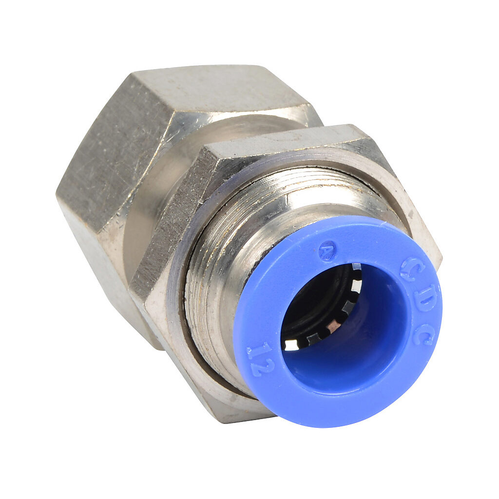 FB12M-38R - NITRA pneumatic push-to-connect fitting, bulkhead, nickel-plated brass body, nickel-plated brass threads, (1) R1/8 female BSPT to (1) 12mm push-to-connect. Package of 5.
