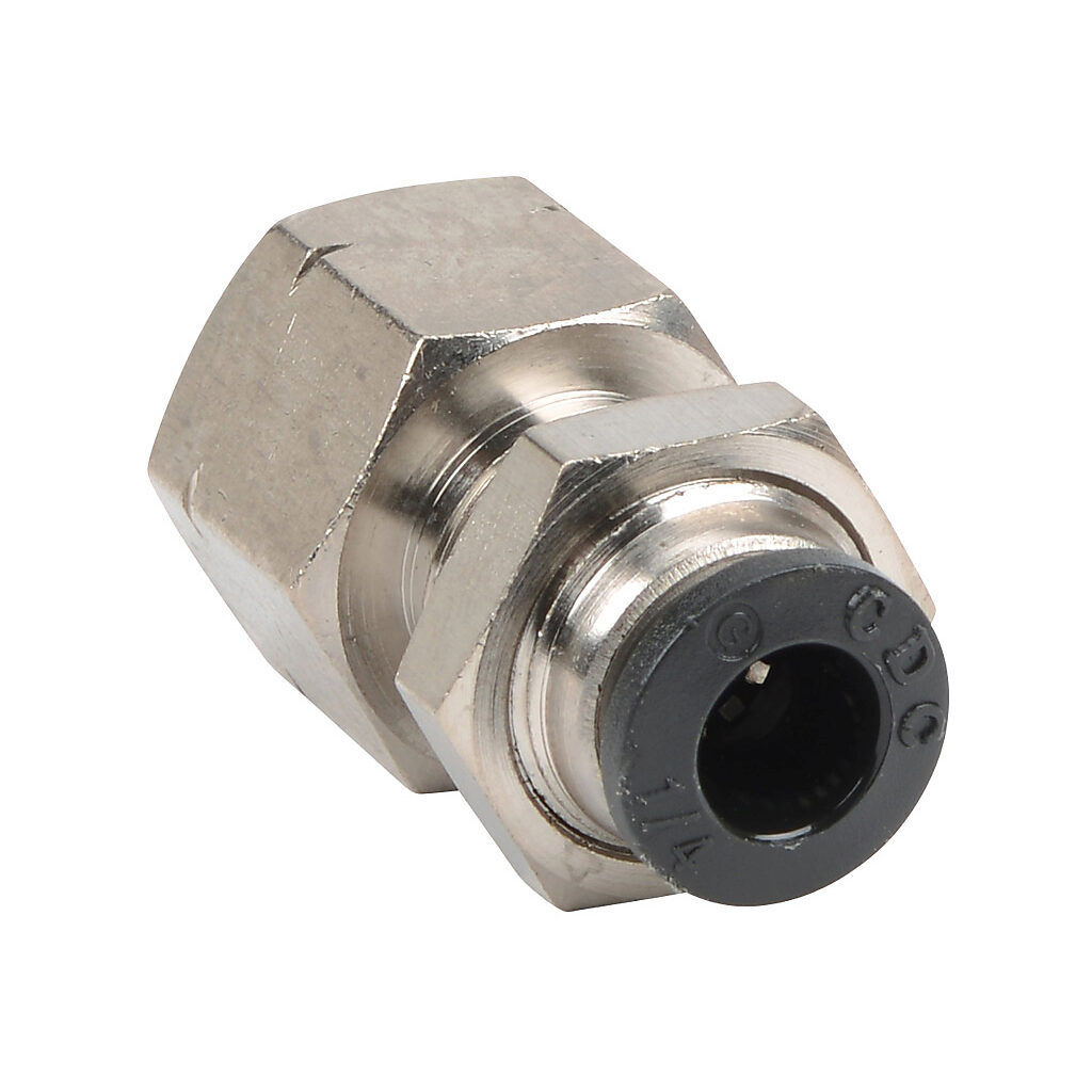 FB14-14N - NITRA pneumatic push-to-connect fitting, bulkhead, nickel-plated brass body, nickel-plated brass threads, (1) 1/4in female NPT to (1) 1/4in push-to-connect. Package of 5.