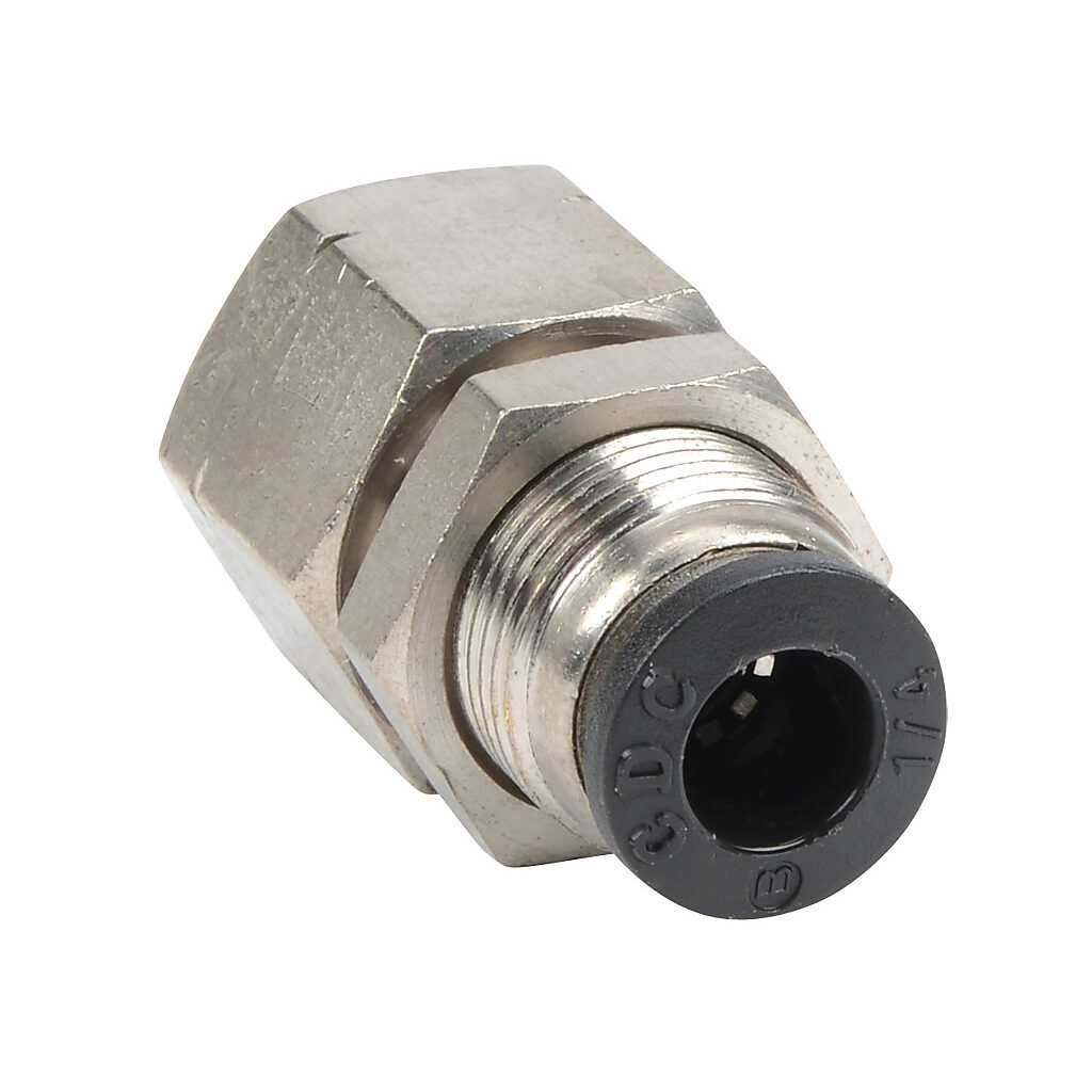 FB14-18N - NITRA pneumatic push-to-connect fitting, bulkhead, nickel-plated brass body, nickel-plated brass threads, (1) 1/8in female NPT to (1) 1/4in push-to-connect. Package of 5.