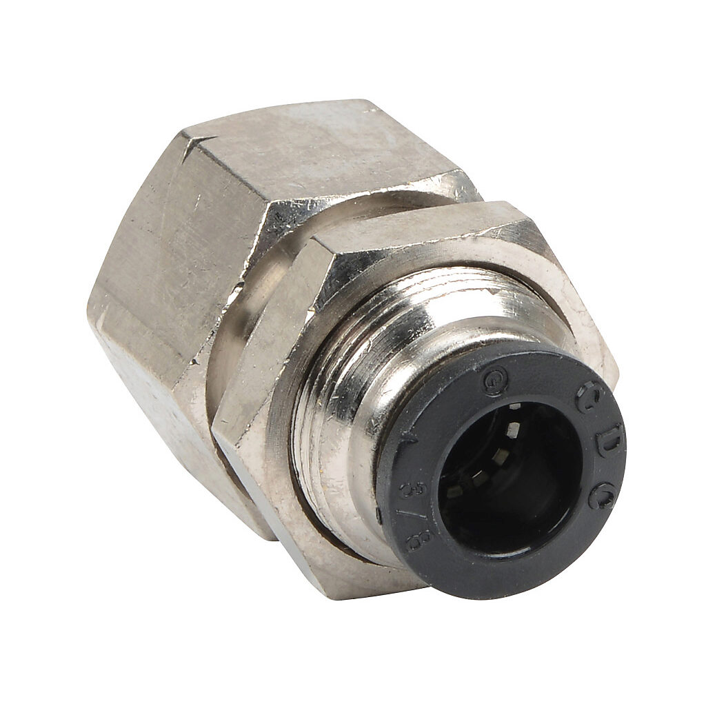 FB38-14N - NITRA pneumatic push-to-connect fitting, bulkhead, nickel-plated brass body, nickel-plated brass threads, (1) 1/4in female NPT to (1) 3/8in push-to-connect. Package of 5.