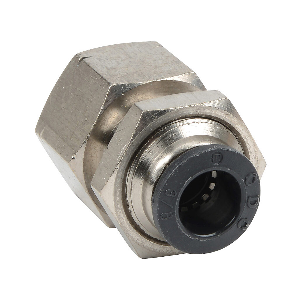 FB38-38N - NITRA pneumatic push-to-connect fitting, bulkhead, nickel-plated brass body, nickel-plated brass threads, (1) 3/8in female NPT to (1) 3/8in push-to-connect. Package of 5.