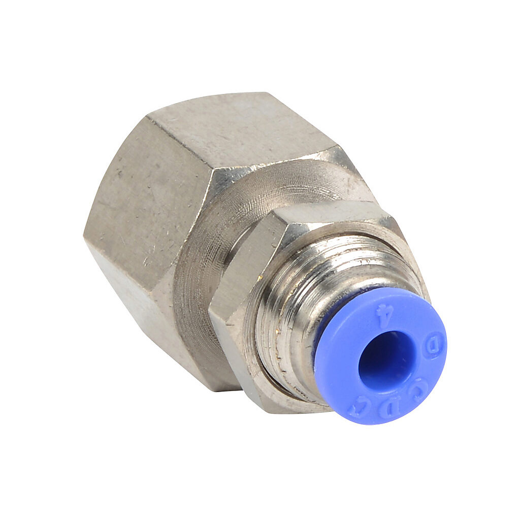 FB4M-14R - NITRA pneumatic push-to-connect fitting, bulkhead, nickel-plated brass body, nickel-plated brass threads, (1) R1/4 female BSPT to (1) 5/32in (4mm) push-to-connect. Package of 5.