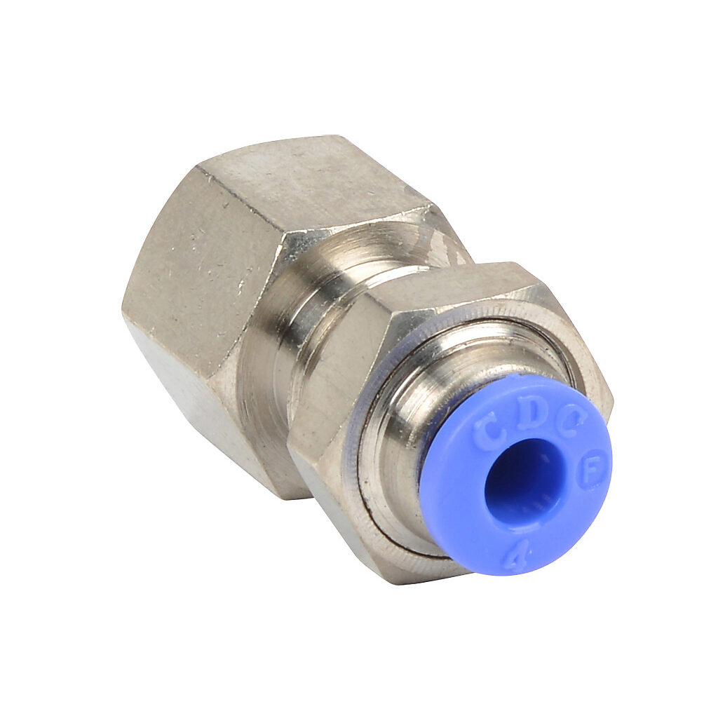 FB4M-18R - NITRA pneumatic push-to-connect fitting, bulkhead, nickel-plated brass body, nickel-plated brass threads, (1) R1/8 female BSPT to (1) 5/32in (4mm) push-to-connect. Package of 5.