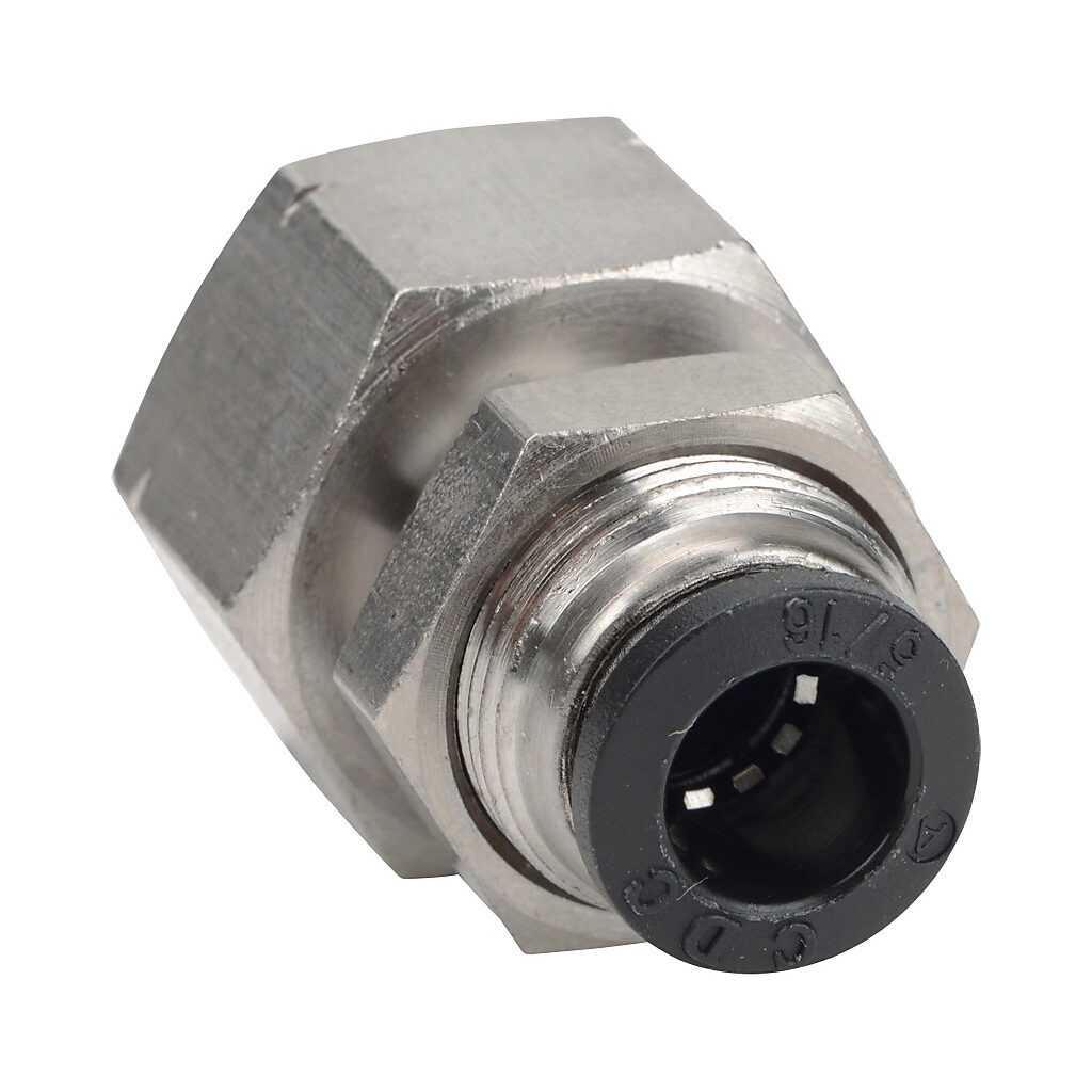 FB516-38N - NITRA pneumatic push-to-connect fitting, bulkhead, nickel-plated brass body, nickel-plated brass threads, (1) 3/8in female NPT to (1) 5/16in (8mm) push-to-connect. Package of 5.