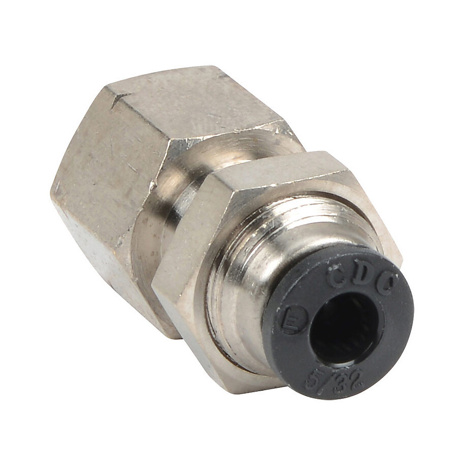 FB532-18N - NITRA pneumatic push-to-connect fitting, bulkhead, nickel-plated brass body, nickel-plated brass threads, (1) 1/8in female NPT to (1) 5/32in (4mm) push-to-connect. Package of 5.
