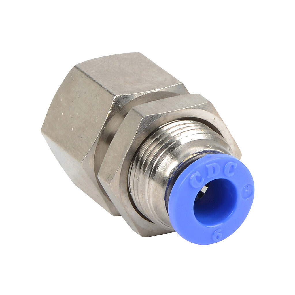 FB6M-14R - NITRA pneumatic push-to-connect fitting, bulkhead, nickel-plated brass body, nickel-plated brass threads, (1) R1/4 female BSPT to (1) 6mm push-to-connect. Package of 5.