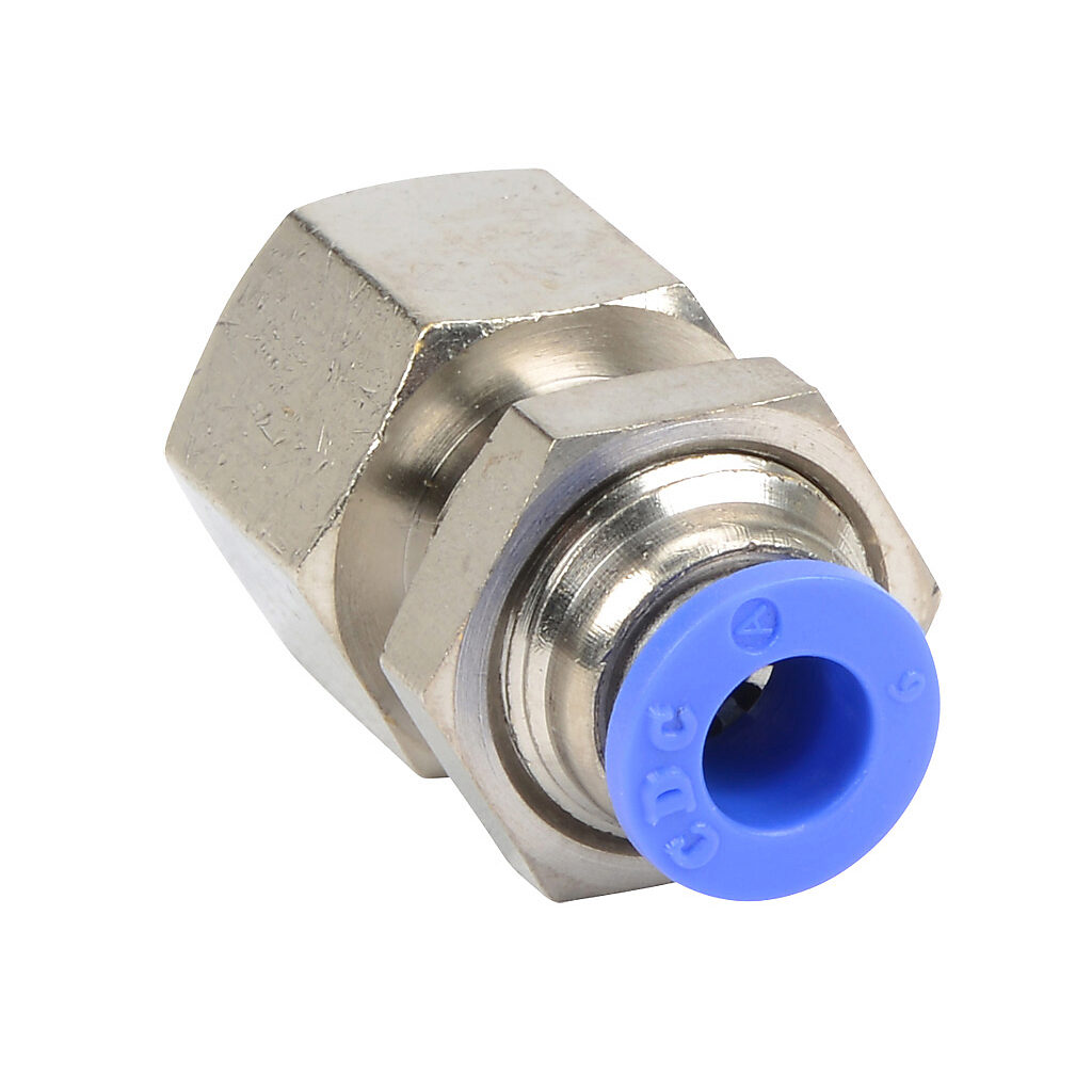 FB6M-18R - NITRA pneumatic push-to-connect fitting, bulkhead, nickel-plated brass body, nickel-plated brass threads, (1) R1/8 female BSPT to (1) 6mm push-to-connect. Package of 5.