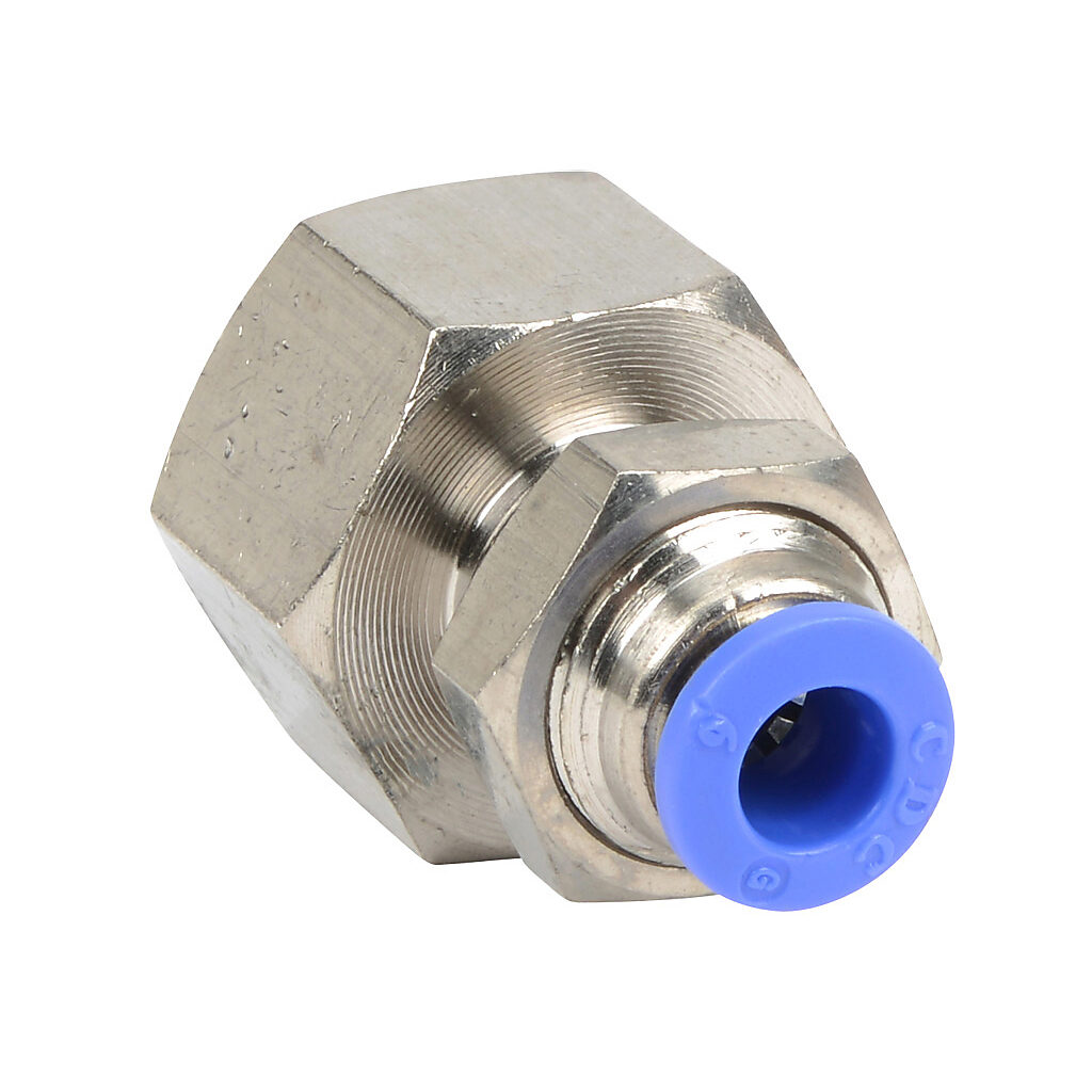 FB6M-38R - NITRA pneumatic push-to-connect fitting, bulkhead, nickel-plated brass body, nickel-plated brass threads, (1) R3/8 female BSPT to (1) 6mm push-to-connect. Package of 5.