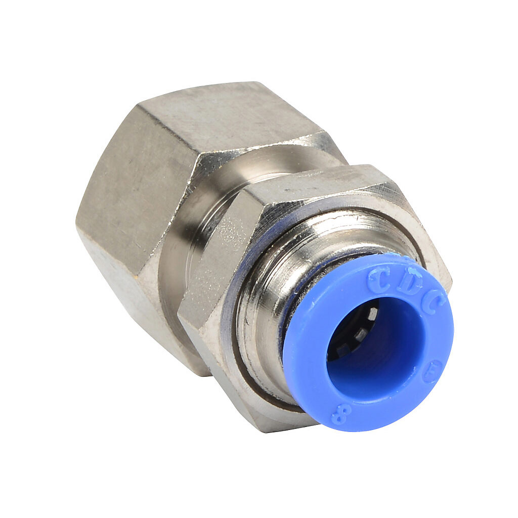 FB8M-14R - NITRA pneumatic push-to-connect fitting, bulkhead, nickel-plated brass body, nickel-plated brass threads, (1) R1/4 female BSPT to (1) 5/16in (8mm) push-to-connect. Package of 5.