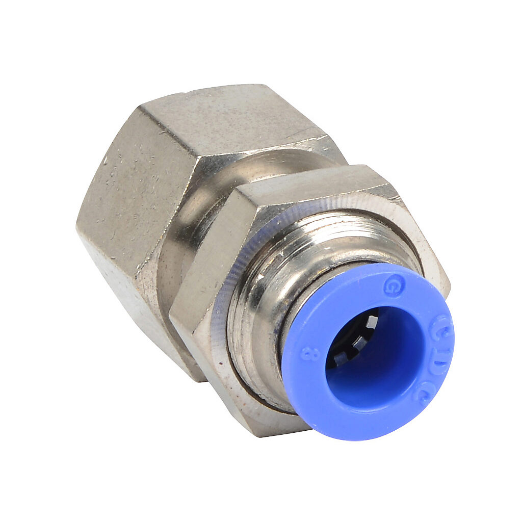 FB8M-18R - NITRA pneumatic push-to-connect fitting, bulkhead, nickel-plated brass body, nickel-plated brass threads, (1) R1/8 female BSPT to (1) 5/16in (8mm) push-to-connect. Package of 5.