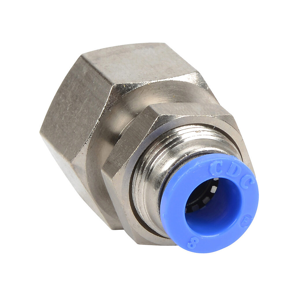 FB8M-38R - NITRA pneumatic push-to-connect fitting, bulkhead, nickel-plated brass body, nickel-plated brass threads, (1) R3/8 female BSPT to (1) 5/16in (8mm) push-to-connect. Package of 5.