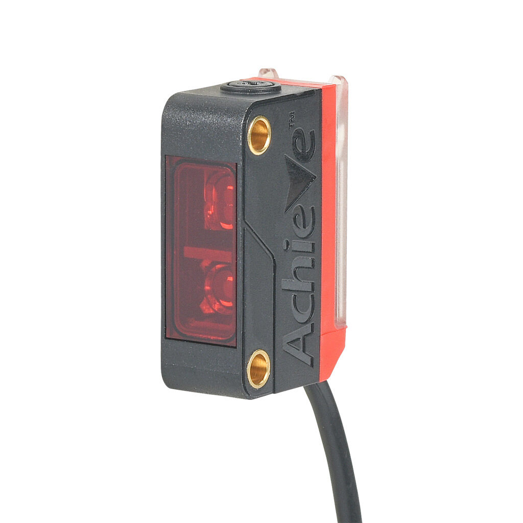 FBM-IS-0P-0A - AchieVe photoelectric sensor, rectangular, background suppression, infrared, 2-400mm sensing distance, selectable light-on/dark-on, PNP, potentiometer, 20 x 11 x 32.4mm body, ABS/polycarbonate, 6.5ft/2m cable length, pigtail.