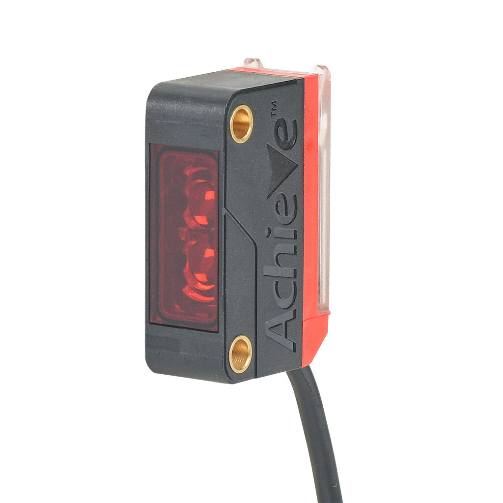 FBM-RE-00-0A - AchieVe photoelectric sensor, rectangular, through-beam emitter, visible red, 0-10m sensing distance, 10-30 VDC operating voltage, 20 x 11 x 32.4mm body, ABS/polycarbonate, 3-wire, pigtail.