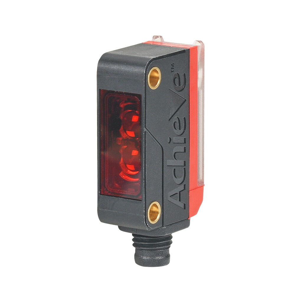 FBM-RE-00-0F - AchieVe photoelectric sensor, rectangular, through-beam emitter, visible red, 0-10m sensing distance, 10-30 VDC operating voltage, 20 x 11 x 32.4mm body, ABS/polycarbonate, 3-wire, 4-pin M8 quick-disconnect.