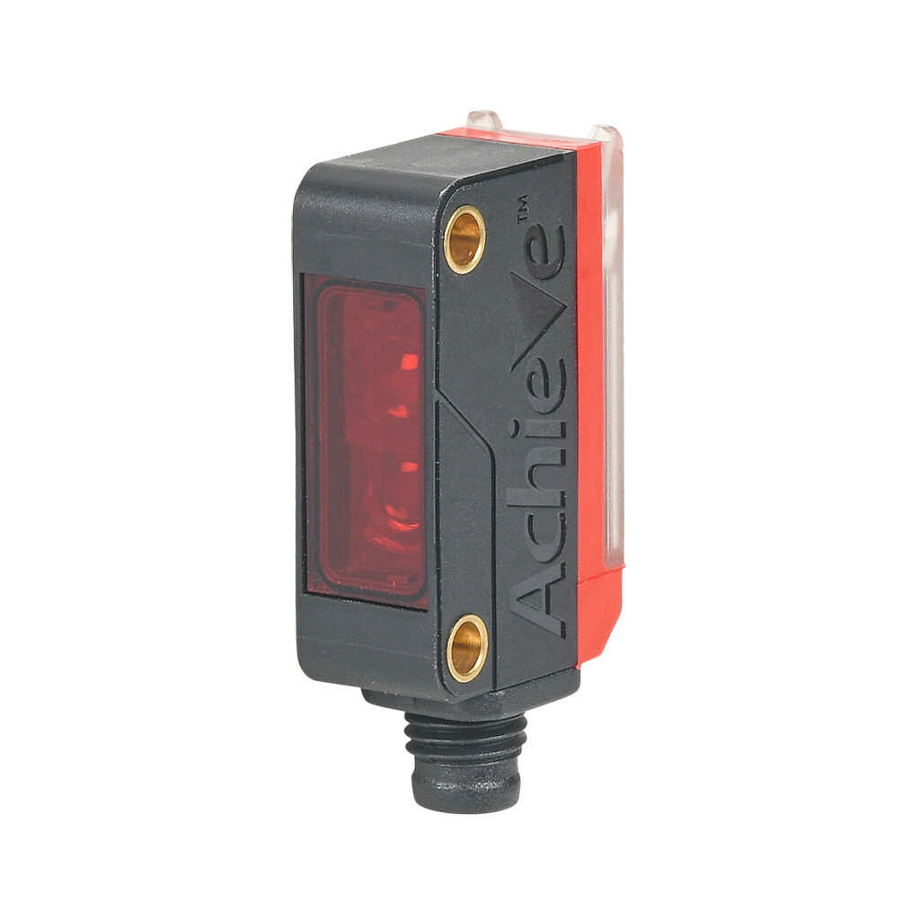 FBM-RG-0P-0F - AchieVe photoelectric sensor, rectangular, polarized retroreflective, visible red, 0.04-4m sensing distance, selectable light-on/dark-on, PNP, 3-wire, 4-pin M8 quick-disconnect.