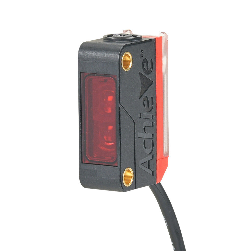 FBM-RN-0N-0A - AchieVe photoelectric sensor, rectangular, polarized retroreflective, visible red, 0.02-5m sensing distance, selectable light-on/dark-on, NPN, potentiometer, 3-wire, pigtail.