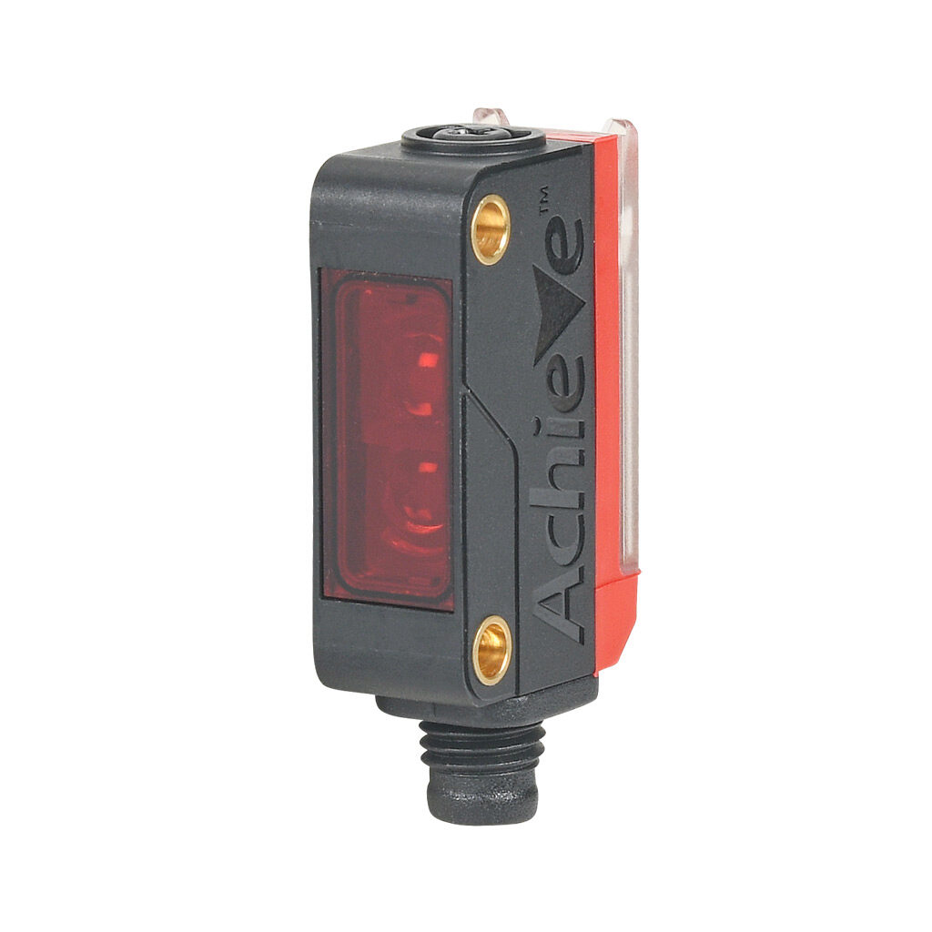 FBM-RN-0P-0F - AchieVe photoelectric sensor, rectangular, polarized retroreflective, visible red, 0.02-5m sensing distance, selectable light-on/dark-on, PNP, potentiometer, 3-wire, 4-pin M8 quick-disconnect.