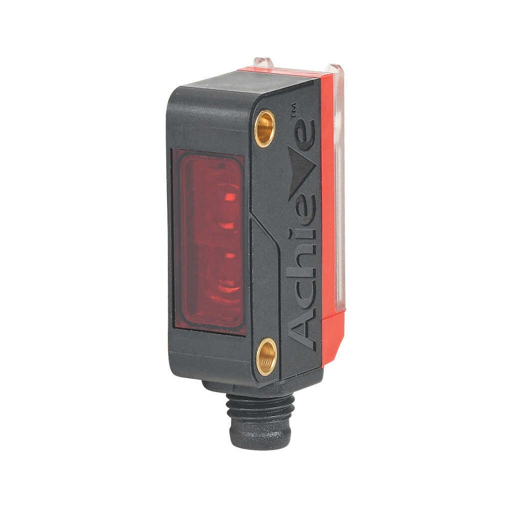 FBM-RP-0P-0F - AchieVe photoelectric sensor, rectangular, polarized retroreflective, visible red, 0.02-5m sensing distance, selectable light-on/dark-on, PNP, 3-wire, 4-pin M8 quick-disconnect.
