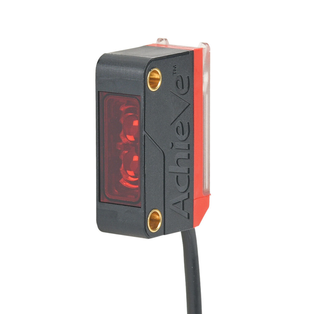 FBM-RR-0N-0A - AchieVe photoelectric sensor, rectangular, through-beam receiver, 0-10m sensing distance, selectable light-on/dark-on, NPN, 10-30 VDC operating voltage, 20 x 11 x 32.4mm body, ABS/polycarbonate, 3-wire, pigtail.