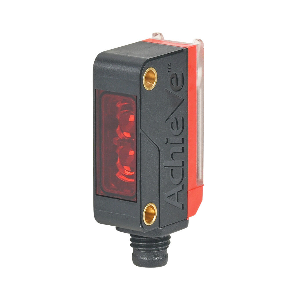 FBM-RR-0N-0F - AchieVe photoelectric sensor, rectangular, through-beam receiver, 0-10m sensing distance, selectable light-on/dark-on, NPN, 10-30 VDC operating voltage, 20 x 11 x 32.4mm body, ABS/polycarbonate, 3-wire, 4-pin M8 quick-disconnect.