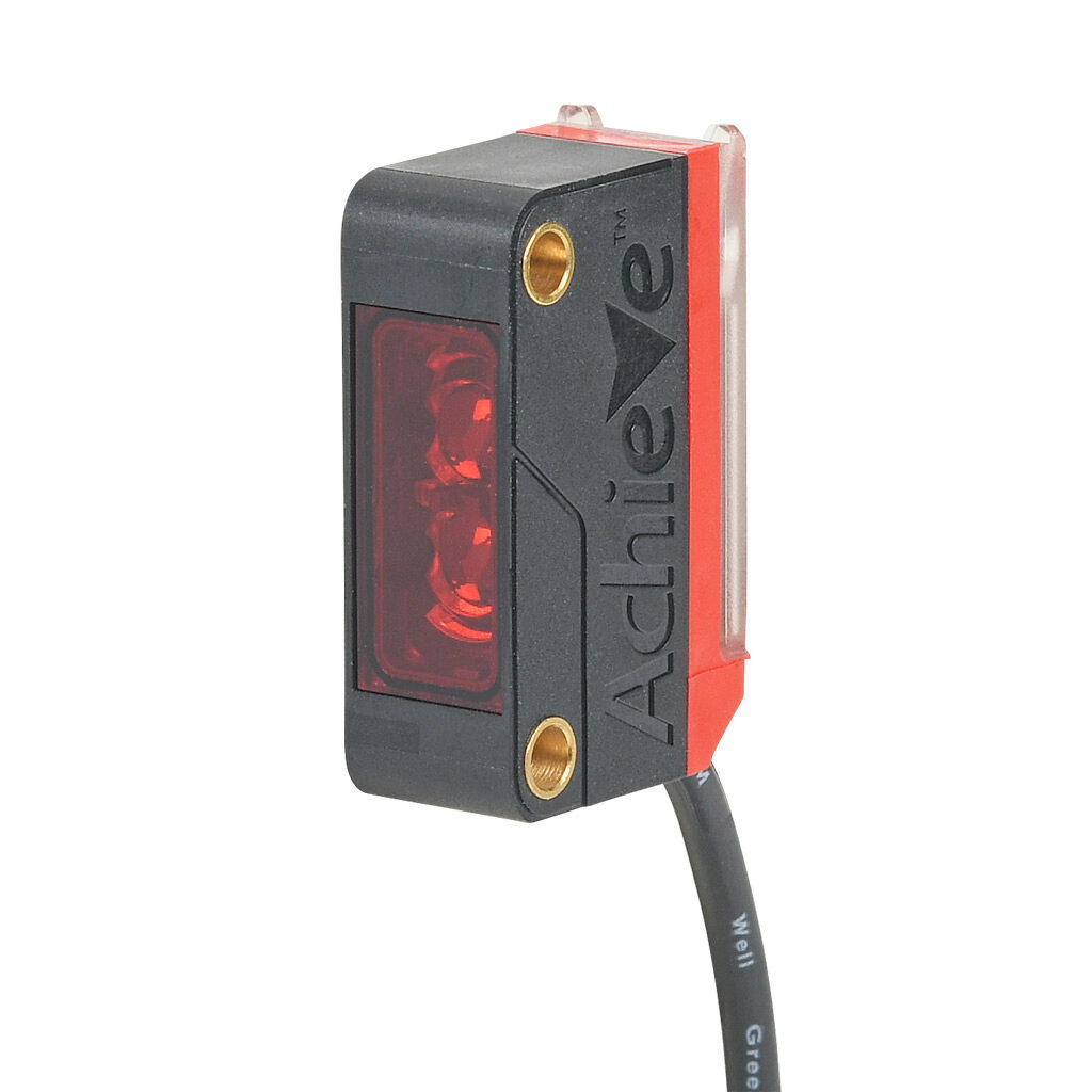 FBM-RR-0P-0A - AchieVe photoelectric sensor, rectangular, through-beam receiver, 0-10m sensing distance, selectable light-on/dark-on, PNP, 10-30 VDC operating voltage, 20 x 11 x 32.4mm body, ABS/polycarbonate, 3-wire, pigtail.