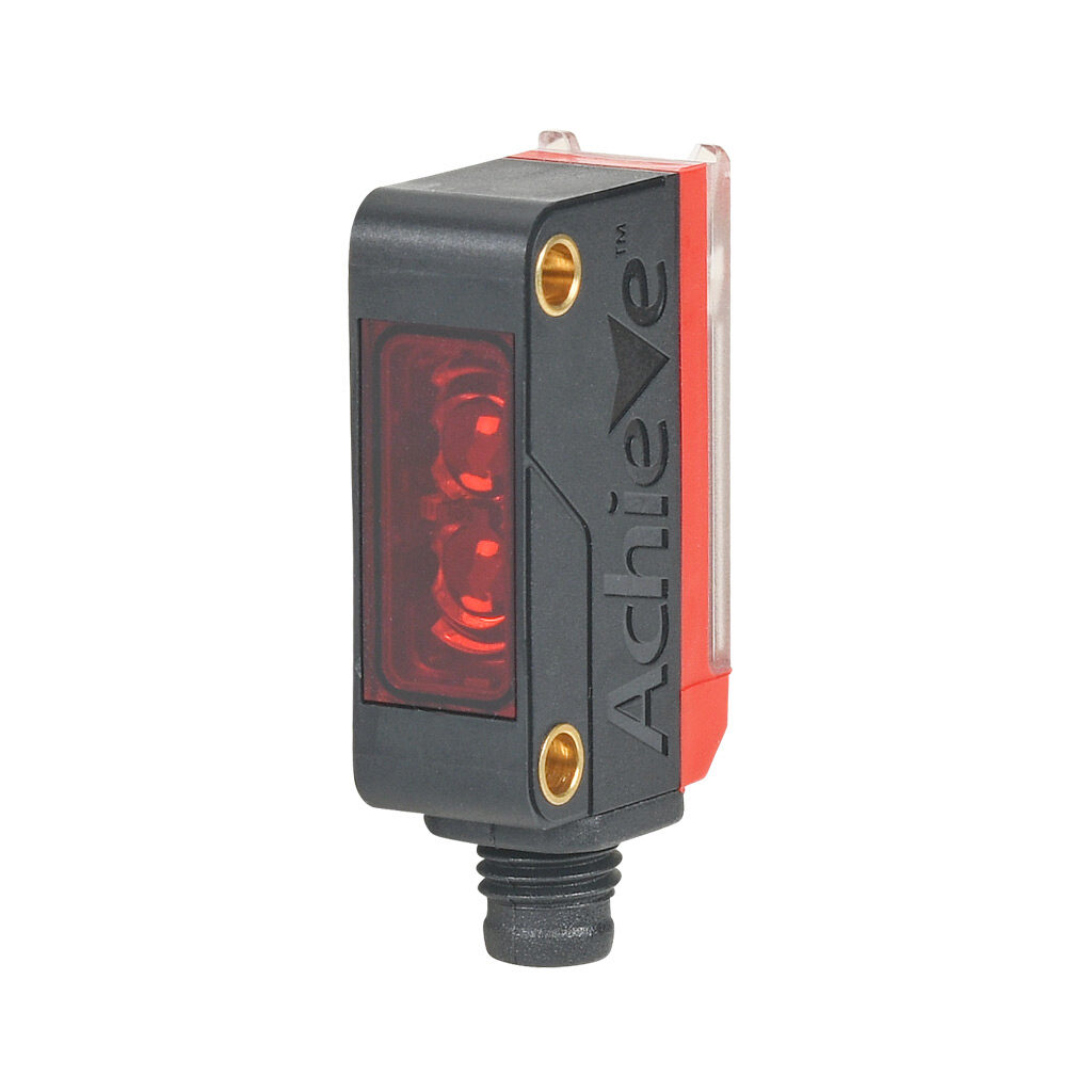 FBM-RR-0P-0F - AchieVe photoelectric sensor, rectangular, through-beam receiver, 0-10m sensing distance, selectable light-on/dark-on, PNP, 10-30 VDC operating voltage, 20 x 11 x 32.4mm body, ABS/polycarbonate, 3-wire, 4-pin M8 quick-disconnect.
