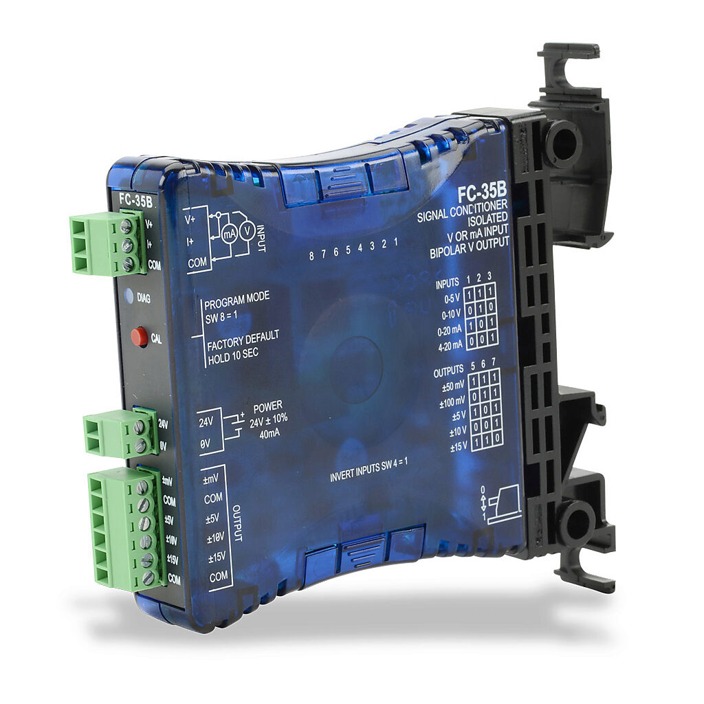FC-35B - AutomationDirect signal conditioner, isolated, Input: 1-channel, current/voltage, Output: 1-channel, bipolar voltage, 24 VDC operating voltage, 35mm DIN rail or panel mount.