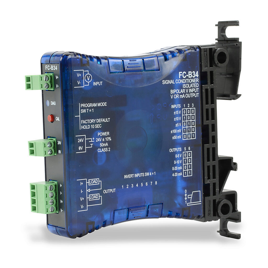 FC-B34 - AutomationDirect signal conditioner, isolated, Input: 1-channel, bipolar voltage, Output: 1-channel, current/voltage, 24 VDC operating voltage, 35mm DIN rail or panel mount.