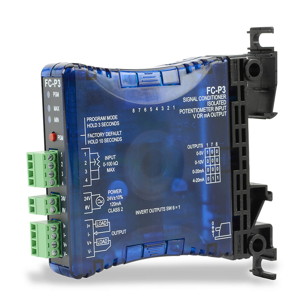 FC-P3 - AutomationDirect signal conditioner, isolated, Input: 1-channel, potentiometer, Output: 1-channel, current/voltage, 24 VAC/VDC operating voltage, 35mm DIN rail or panel mount.