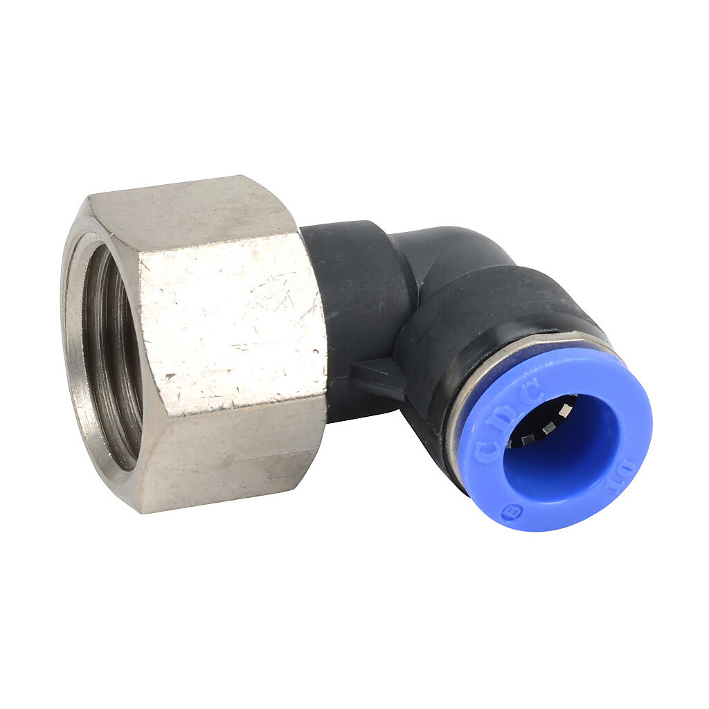 FE10M-12R - NITRA pneumatic push-to-connect fitting, elbow, rotating, thermoplastic (PBT) body, nickel-plated brass threads, (1) R1/2 female BSPT to (1) 10mm push-to-connect. Package of 5.