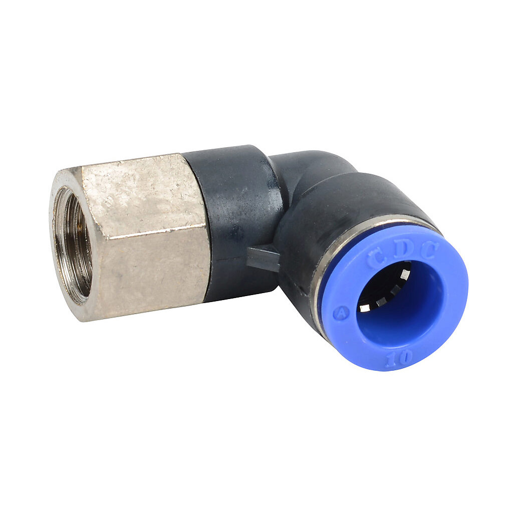 FE10M-14R - NITRA pneumatic push-to-connect fitting, elbow, rotating, thermoplastic (PBT) body, nickel-plated brass threads, (1) R1/4 female BSPT to (1) 10mm push-to-connect. Package of 5.