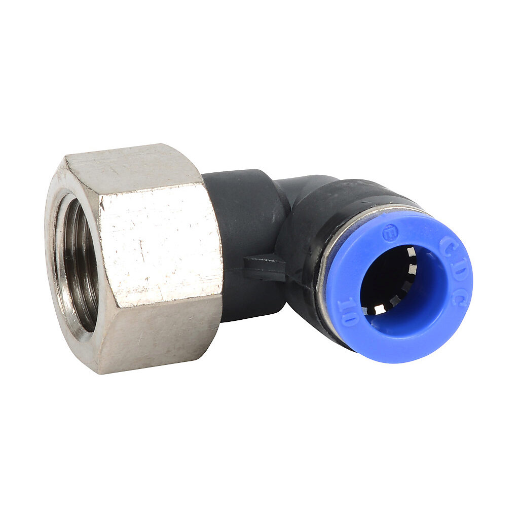 FE10M-38R - NITRA pneumatic push-to-connect fitting, elbow, rotating, thermoplastic (PBT) body, nickel-plated brass threads, (1) R3/8 female BSPT to (1) 10mm push-to-connect. Package of 5.