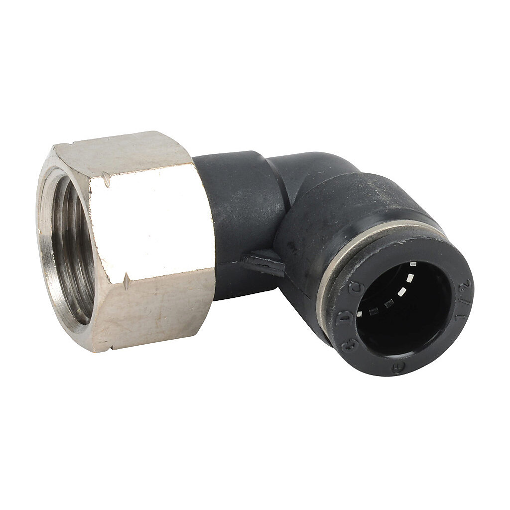 FE12-12N - NITRA pneumatic push-to-connect fitting, elbow, rotating, thermoplastic (PBT) body, nickel-plated brass threads, (1) 1/2in female NPT to (1) 1/2in push-to-connect. Package of 5.