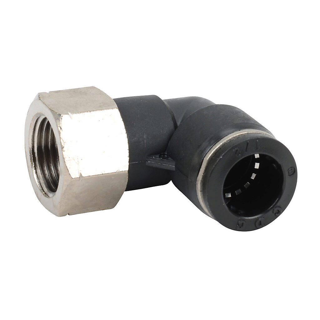 FE12-38N - NITRA pneumatic push-to-connect fitting, elbow, rotating, thermoplastic (PBT) body, nickel-plated brass threads, (1) 3/8in female NPT to (1) 1/2in push-to-connect. Package of 5.