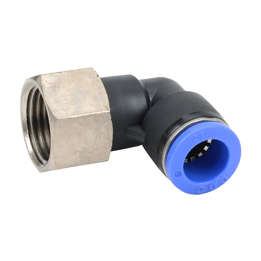 FE12M-12R - NITRA pneumatic push-to-connect fitting, elbow, rotating, thermoplastic (PBT) body, nickel-plated brass threads, (1) R1/2 female BSPT to (1) 12mm push-to-connect. Package of 5.